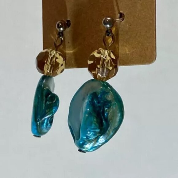 Turquoise Beaded Natural Ocean Beach Teal Sea Blue Dangle Drop Fine Earrings - Picture 3 of 14